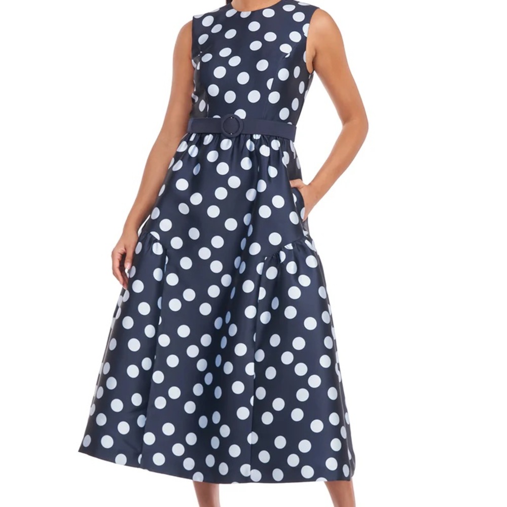 Kay Unger Blue and White Sleeveless A-Line Midi Dress